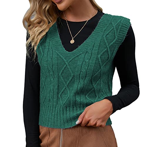 Cocoarm Damen Pullunder ärmellos Weste V Ausschnitt Pullover Einfarbig Strickpullover Winter Herbst Strickweste(m-Grün) von Cocoarm