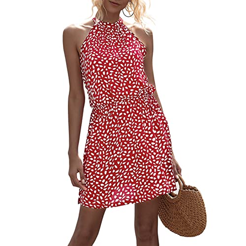 Cocoarm Damen Sommerkleid Neckholder Ärmellos Kleider Kurzes Casual Polka Dot Sommer Boho Kleid Strandkleid Partykleid Minikleid mit Elastisches Taillenband(S-rot) von Cocoarm