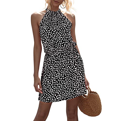 Cocoarm Damen Sommerkleid Neckholder Ärmellos Kleider Kurzes Casual Polka Dot Sommer Boho Kleid Strandkleid Partykleid Minikleid mit Elastisches Taillenband(m-Schwarz) von Cocoarm