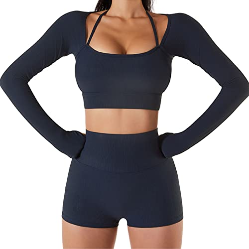 Cocoarm Damen Sportanzug SportbekleidungTrainingsanzug Jogginganzug 2 Stücke Fitnessanzug Set Top Bauchfrei Neckholder Langarm Yoga Top mit Short(S-Blau) von Cocoarm