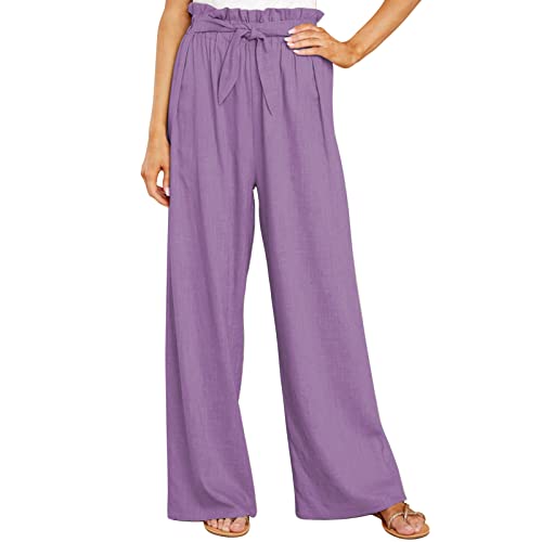 Cocoarm Damen Weites Bein Freizeithose Elegante Damenhose Lange Lounge Hosen Palazzo Hose mit Gürtel Gerades Bein Lose Lounge Pants(L-Violett) von Cocoarm