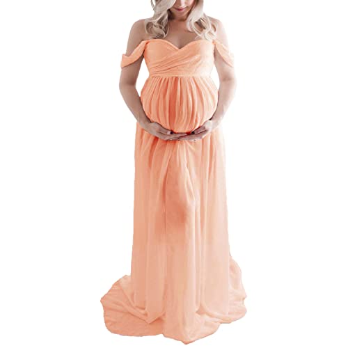 Cocoarm Elegantes Maxi-Umstandskleid für Frauen in Voller Länge, Schulterfrei, Geteilte Vorderseite, Umstandskleid für Fotoshooting, Hochzeitsfeier (L) von Cocoarm