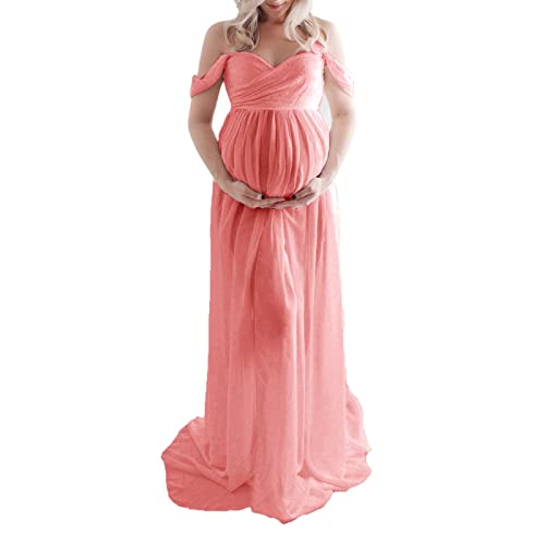 Cocoarm Elegantes Maxi-Umstandskleid für Frauen in Voller Länge, Schulterfrei, Geteilte Vorderseite, Umstandskleid für Fotoshooting, Hochzeitsfeier (M) von Cocoarm