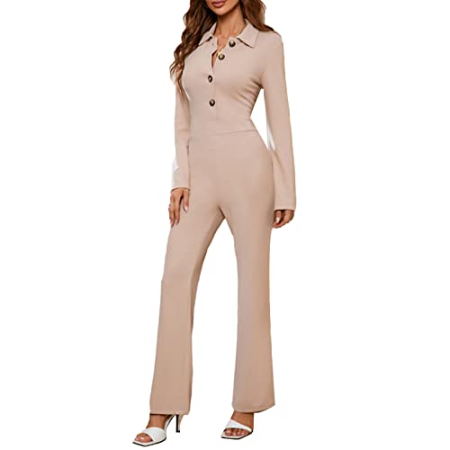 Cocoarm Jumpsuit Damen Langarm Overall Elegant Umlegekragen Playsuit Casual Lang Romper Knopf Oberteile Gerade Beinhose Lässiger Hosenanzug(S-Aprikose) von Cocoarm