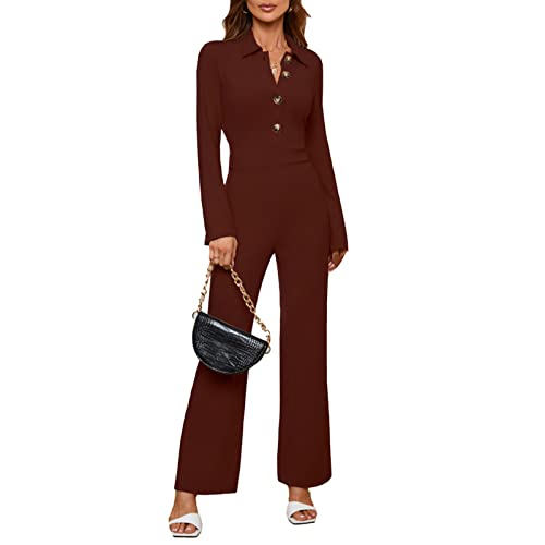 Cocoarm Jumpsuit Damen Langarm Overall Elegant Umlegekragen Playsuit Casual Lang Romper Knopf Oberteile Gerade Beinhose Lässiger Hosenanzug(S-Kaffee) von Cocoarm