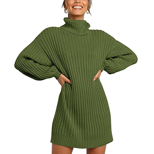 Cocoarm Strickkleid Damen Pulloverkleid mit Langes Laternen Ärmel Elegant Rollkragenpullover Pulli Strickpullover Knielangen Casual Pullover Warm halten Winter Pullikleid (M-OD-Grün) von Cocoarm