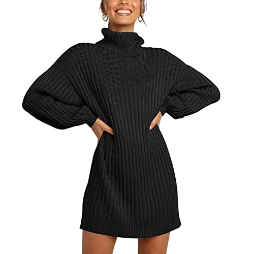 Cocoarm Strickkleid Damen Pulloverkleid mit Langes Laternen Ärmel Elegant Rollkragenpullover Pulli Strickpullover Knielangen Casual Pullover Warm halten Winter Pullikleid (XL-Schwarz) von Cocoarm