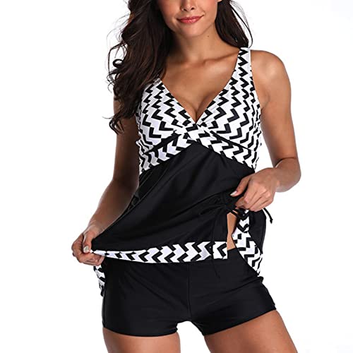 Damen Badeanzug Zweiteilig Bademode Push up Bademoden Bauchweg Tankini Beachwear Hotpants Frauen Rock Mit Short Frauen Schwimmkleid (S-Schwarz) von Cocoarm