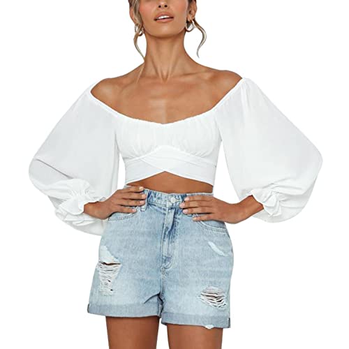 Damen Bauchfrei Oberteil Schulterfrei Rüschen Wrap Crop Top Langarmshirt mit Lange Puffärmel Bluse Binden Zurück Shirts für Party Freizeit(S-Typ 2) von Cocoarm