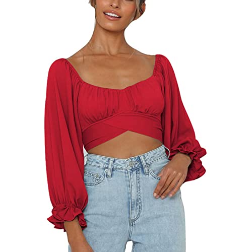 Damen Bauchfrei Oberteil Schulterfrei Rüschen Wrap Crop Top Langarmshirt mit Lange Puffärmel Bluse Binden Zurück Shirts für Party Freizeit(XL-Typ 3) von Cocoarm