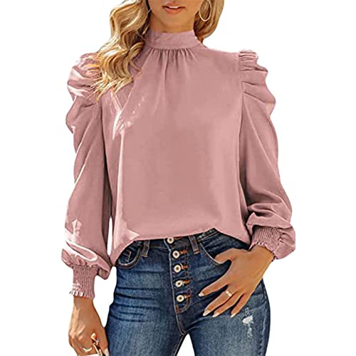 Damen Bluse Langarm Shirts mit Laternenhülle Elegante Lockere Lässige Top Reine Farbe Hemd Oberteil(L-Rosa) von Cocoarm