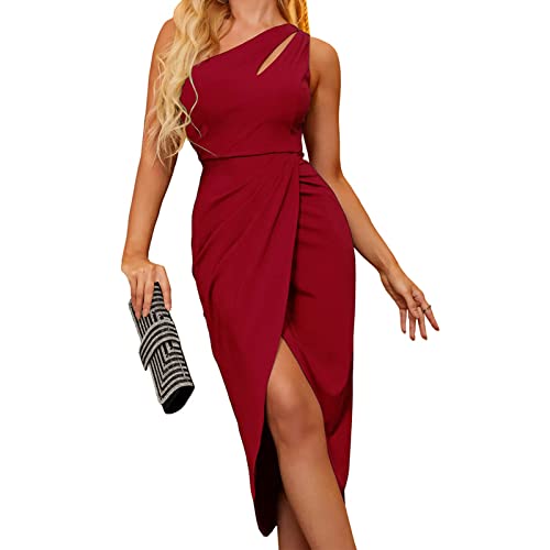 Damen Bodycon Abendkleid One Shoulder Schlitz Ballkleid Sexy Partykleid Schulterfrei Ärmellos Freizeitkleid Wickelkleid Sommerkleid Cocktailkleid Businesskleid mit Gerafft Irregulär(XXL-Weinrot) von Cocoarm