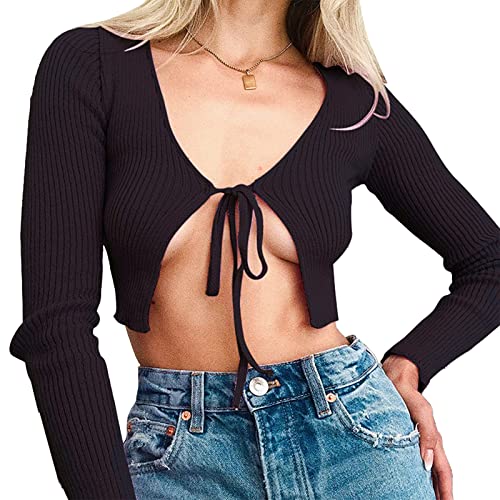 Damen Crop Top Cardigan Kurzarm Bauchfrei Oberteile kurz Damen sexy Top Kurzarm zum binden Schnürung Solide Sommer Tops Camisole mit schleifen Vorne Schnüren Bolero (S) von Cocoarm