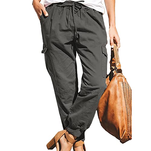 Damen Freizeithosen Multi Taschen Cargohose Elastische Taille Jogginghose Sporthose Workwear Outdoorhose mit Kordelzug(L-Grau) von Cocoarm
