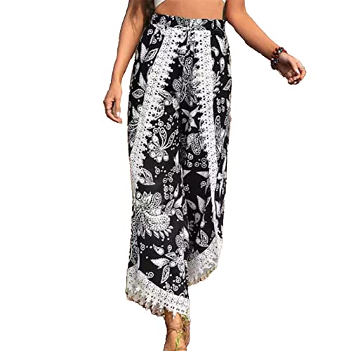 Damen Geradem Bein Hose Boho Lange Hosen mit Schlitz Lockere Weites Bein Yogahose Sommerhose Bedruckte Hosen mit Spitzenbesatz weites Bein Palazzo Hose Lose Freizeit Strandhose (XL) von Cocoarm