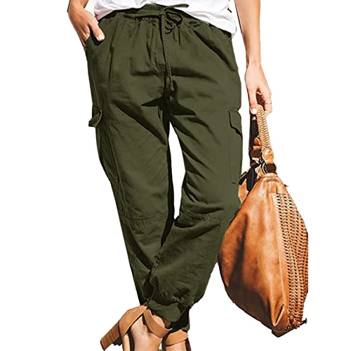 Damen Hosen Cargo Hose Multi Taschen Cargohose Elastische Taille Elegant Einfarbig Freizeithosen Loose Fit Yogahose Jogginghose Sporthose Workwear Wanderhose Outdoorhose Trekkinghose mit(L-OD-Grün) von Cocoarm