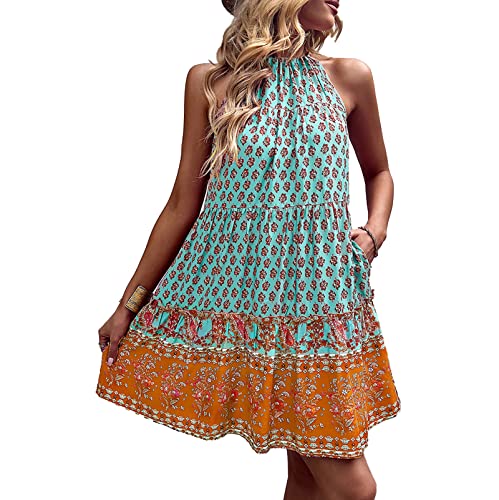 Damen Kleider Sommer Böhmen Blumendruck kurzes Kleider Swing Strandkleider Rückenfreies ärmellos hohe Taille Neckholder Kleid Minikleid Sommerkleider Freizeitkleid für Alltag Freizeit(m-Grün) von Cocoarm