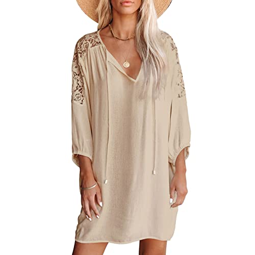 Damen Lässig Lockere Spitze Kurzes Kleid V-Ausschnitt Dreiviertel Ärmel Freizeitkleid Minikleid Sommerkleid Einfarbig Strandkleider mit Geschnürter Ausschnitt(XL-Khaki) von Cocoarm