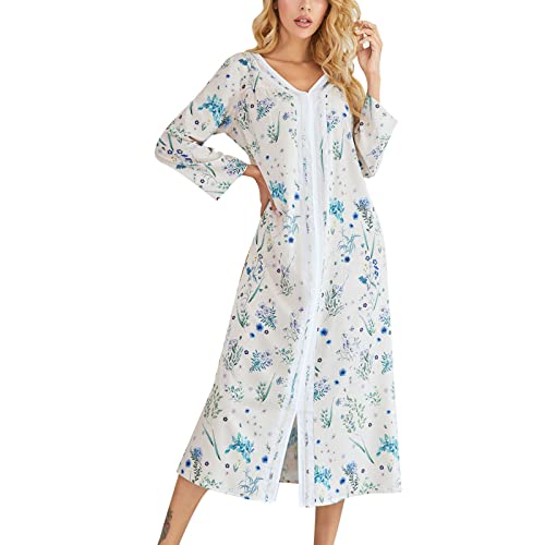 Damen Langes Schlafkleid V Ausschnitt Langarm Nachthemd Bedruckt Schlafanzug Loungewear Weiches Nachtwäsche Sleepwear(L-Typ 1) von Cocoarm