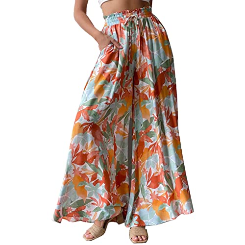 Damen Leinenhose Damen Weite Bein Sommer Hose Ruffle Floral Prints mit Hohe Taille Elastische Kordel Sommer Hawaii Freizeithose Loose Stoffhose Lange Yogahose Boho Strandhose (2XL) von Cocoarm