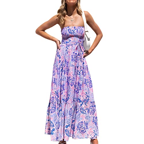 Damen Sommerkleid Bandeau Kleider Ärmellos Schulterfrei Blumenkleid Hohe Taille Rückenfrei MaxiKleid Casual Partykleid Cocktailkleid Strandkleider Freizeitkleider Blumendruck(XXL-LQ260 Lila) von Cocoarm