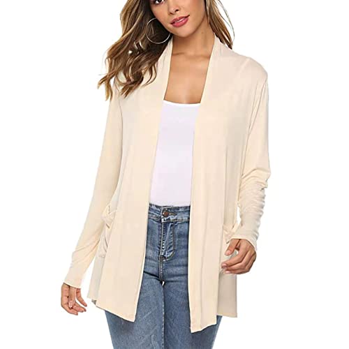 Damen-Strickjacke Pure Color Open Front Cardigan Long Sleeve Cardigan Top Lightweight Casual Cardigan Outwear Mid Length Loose Open Front Top für Frühling und Herbst(XXL-Beige) von Cocoarm