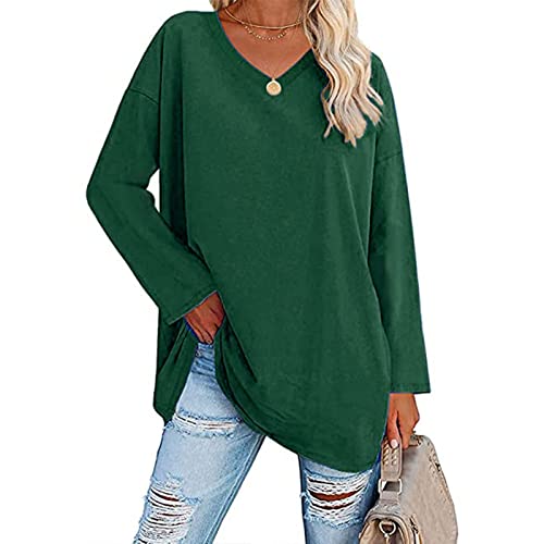 Damen T Shirt V Ausschnitt Langarm Oberteile Lose Bluse Langarmshirts Oversize Tops(S-Grün) von Cocoarm