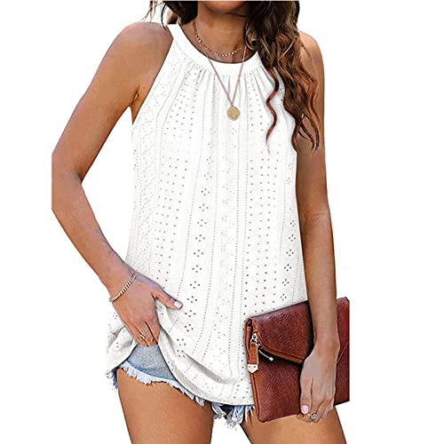 Damen Tank Top Ärmellose T Shirt Rundhalsausschnitt Plissee Tops Casual Lose Oberteile Sommer Tunika Bluse (L) von Cocoarm