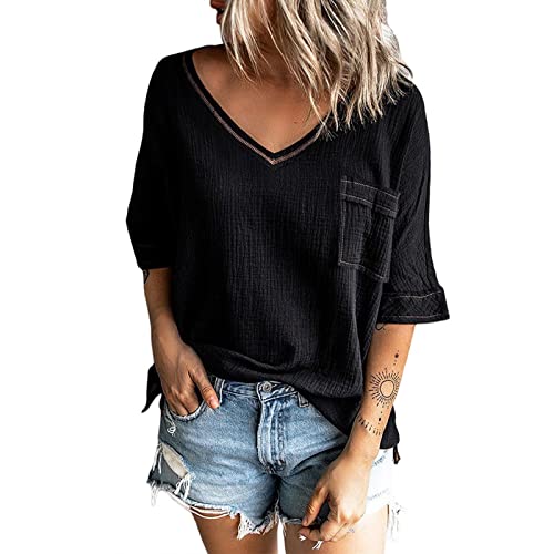 Damen V-Ausschnitt Oberteile mit Brusttasche mittlere Ärmel Top Damen Oversize T-Shirt Sommer Bequemer Lockere Longshirt Blusen Freizeit Einfarbig Top (S) von Cocoarm