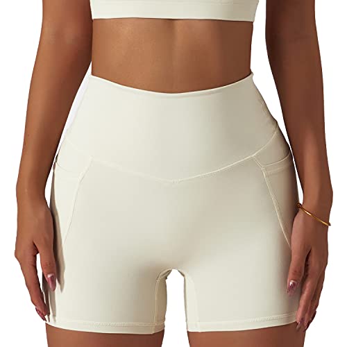 Damen Yoga Shorts Kurze Sporthose Yogahose Tights Sportshorts Hotpants Blickdicht Hohe Taille elastisch Leggings Hüftheben Radlerhose Laufhose für Sport Gym Training Jogging Fitness(S-Creme farben) von Cocoarm