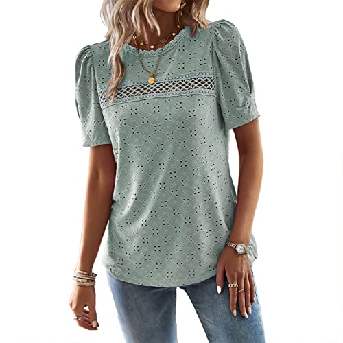 Frauen Sommer Top Rundhals Pullover Stilvolle Puffärmel Lässige Bluse Top Spitze Häkelbesatz Dame Kurzarm T-Shirt (M) von Cocoarm