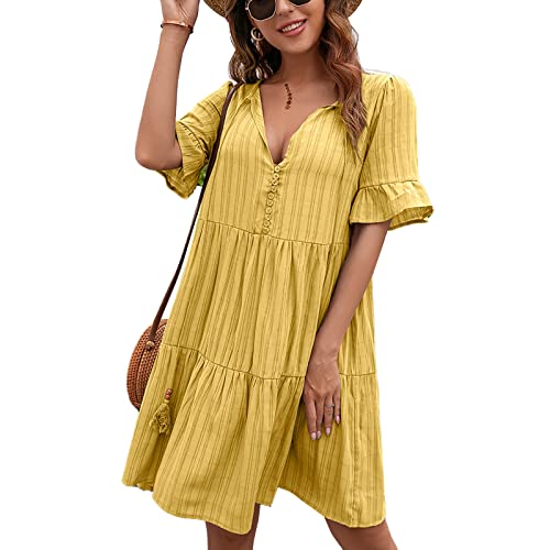 Freizeitkleider für Damen Kleider Damen Sommerkleid Damen Casual Kurz Minikleid A-Linie Spleißen Freizeitkleid V-Ausschnitt Rüschensaum Strandkleider Partykleid(m-Gelb) von Cocoarm