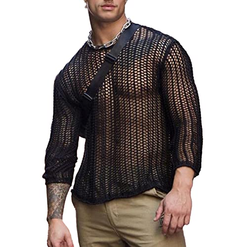 Herren Transparent Shirts Langarm Netz Unterhemd Durchsichtig T-Shirt Sexy Mesh Top Clubwear Erotik Unterwäsche Mode Bluse Casual Oberteile Sweatshirt(L-Schwarz) von Cocoarm