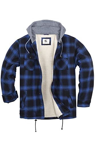 Coevals Club Herren Flanell Jacke Hemd Sherpa Holzfällerhemd Flanellhemd Langarm Kariertes Druckknöpfe Baumwolle Winter Hemd Kapuze (Blau/Schwarz #3 L) von Coevals Club