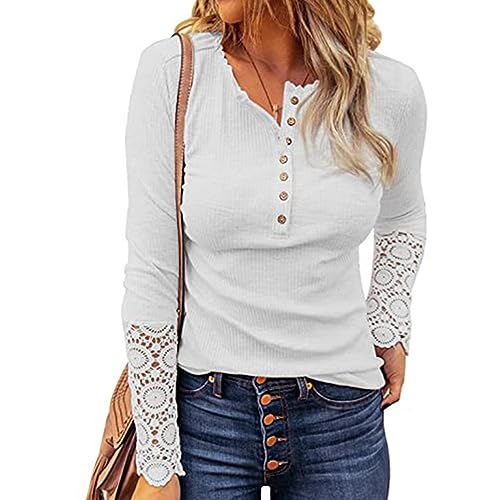 Coloody Damen Langarmshirt Knopfleiste Henley Shirt Pullover Lässig T-Shirt V-Ausschnitt Langarm Oberteil Bluse von Coloody