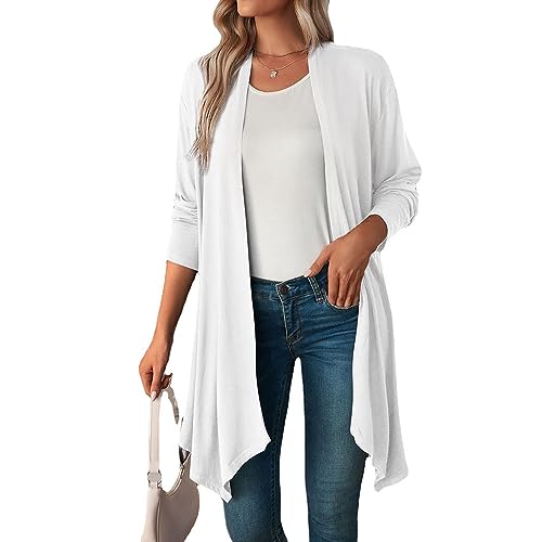 Coloody Damen Strickjacke Langarm Open Front Casual Einfarbige Dünn Cardigan Leichte Weiche Top Elegant Gestrickt Jacke Lang Sweater-Weiß-S von Coloody