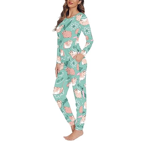 Coloranimal 2 Pcs Frauen Pyjama Set Langarm Nachtwäsche Weiche Damen Mädchen Pjs Warm Pullover T-shirt Lounge Hose, Süßes Meerschweinchen, 38 von Coloranimal