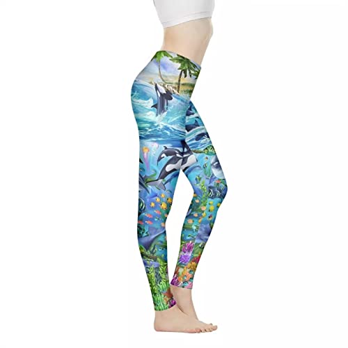 Coloranimal Damen-Leggings mit hoher Taille, Bauchkontrolle, Yogahose, Damen, Mädchen, Bauchkontrolle, Workout-Hose, weiche Leggings (XS-3XL, Ozean-Tier-Delfin, XL von Coloranimal