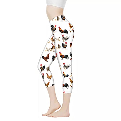 Coloranimal Damen Yoga-Leggings Caprihose für Sport, hohe Taille, Bauchkontrolle, Weißes Huhn, L von Coloranimal