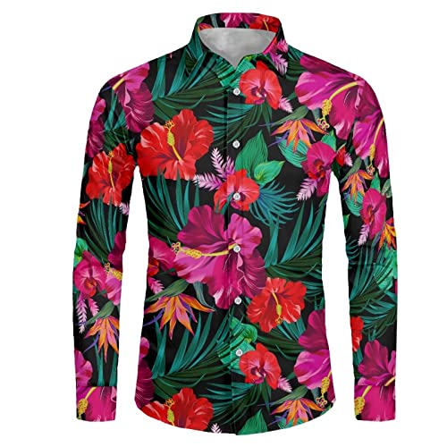 Coloranimal Herren Button Down Kleid Shirt Causal Dress Shirt für Workout Athletic Hochzeit Tops Plus Size, Hawaii-Hibiskusblüte, XXL von Coloranimal