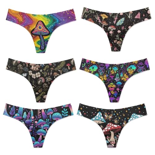 Coloranimal Nahtloser G-String & Tangas für Damen und Damen, 6-teilig, niedrige Leibhöhe, Unterwäsche, Cottagecore Hippie Daisy Hippie Trippy Pilz, S von Coloranimal