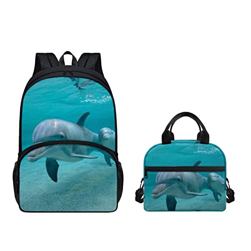 Coloranimal Schulranzen-Set, große Kapazität, Studenten-Rucksack mit Lunch-Tasche, Jungen, Mädchen, Vorschule, Büchertaschen, Reiserucksack, Blau / Delfin, One size von Coloranimal