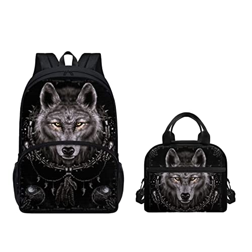 Coloranimal Schulranzen-Set, große Kapazität, Studenten-Rucksack mit Lunch-Tasche, Jungen, Mädchen, Vorschule, Büchertaschen, Reiserucksack, wolf, One size von Coloranimal