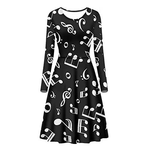 Coloranimal Winter Herbst Damen Kleid Langarm Midi Kleider Elastisch Ausgestellte Kleider, Musiknote, XXXXL von Coloranimal