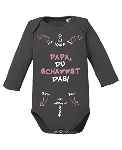 Comedy Shirts - Papa, du schaffst das! - Baby Langarm Body - Dunkelgrau/Weiss-Rosa Gr. 62 von Comedy Shirts