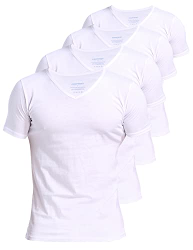 Comfneat Herren 4-Pack Unterhemd 100% Baumwolle Kurzarm T-Shirt mit V-Ausschnitt (White 4-Pack, L) von Comfneat