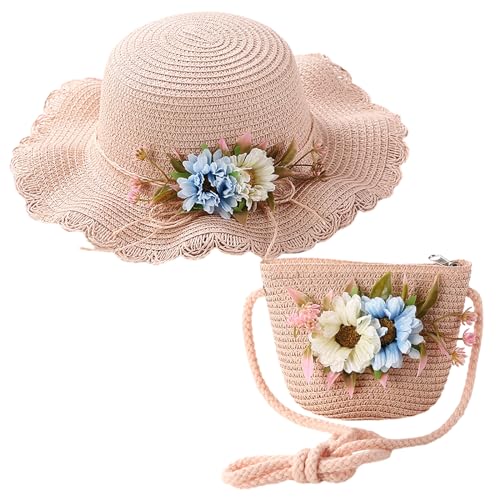 Mädchen Sonnenhut und Mini Cross Body Bag Set Kid Sommer Strohhut breite Krempe Sonnenschutz Visier Hüte Blume Strohhut für Kinder Mädchen Kinder Mädchen Urlaub Reisen 2-8 Jahre alt (Stroh, Rosa) von Comforso