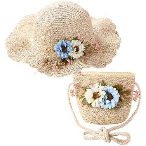 Mädchen Sonnenhut und Mini Cross Body Bag Set Kid Sommer Strohhut breite Krempe Sonnenschutz Visier Hüte Blume Strohhut für Kinder Mädchen Kinder Mädchen Urlaub Reisen 2-8 Jahre alt (Stroh, Beige) von Comforso