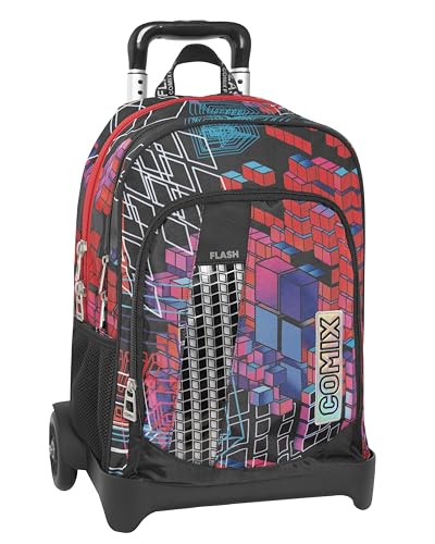 Comix FLASH Schulrucksack Trolley für Kinder und Jugendliche, verstellbarer Griff, abnehmbarer Trolley, gepolsterte und verstellbare Schultergurte, 2 Hauptfächer, Fronttasche, Reißverschluss, 34 x 52 von Comix