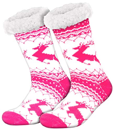 Compagno Kuschelsocken Rentier mit ABS Anti Rutsch Sohle Wintersocken Damen Herren Socken 1 Paar Einheitsgröße, Farbe:Pink von Compagno